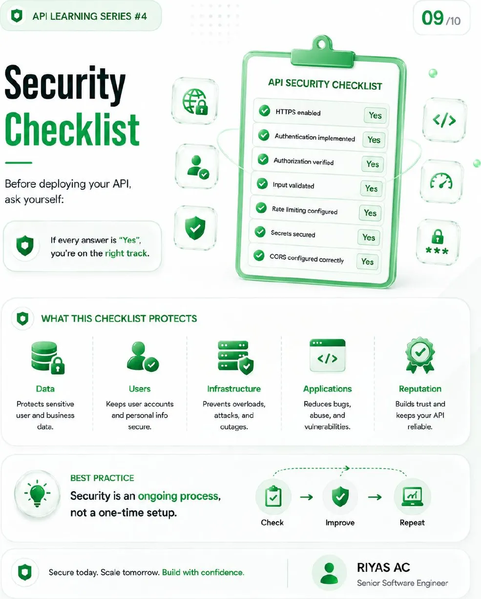 API security checklist: HTTPS enabled, authentication implemented, authorization verified, input validated, rate limiting configured, secrets secured, CORS configured correctly. Below it, what the checklist protects: data, users, infrastructure, applications and reputation.
